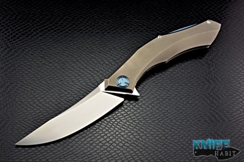 custom shirogorov and sinkevich poluchotkiy knife, 3d machined stonewashed titanium frame, blue anodized titanium hardware and clip