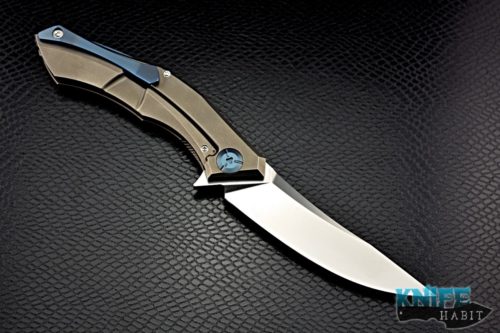 custom shirogorov and sinkevich poluchotkiy knife, 3d machined stonewashed titanium frame, blue anodized titanium hardware and clip