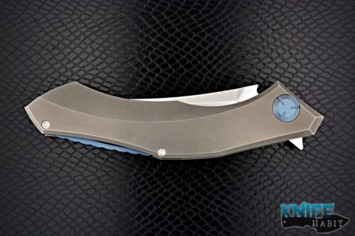 custom shirogorov and sinkevich poluchotkiy knife, 3d machined stonewashed titanium frame, blue anodized titanium hardware and clip