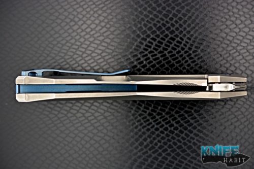 custom shirogorov and sinkevich poluchotkiy knife, 3d machined stonewashed titanium frame, blue anodized titanium hardware and clip