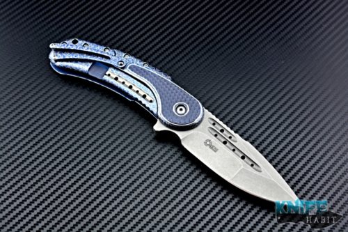 custom todd begg beggatti knife, custom one-off cracked ice all over, blue frame, xhp stainless steel blade, hand ground compound grind,