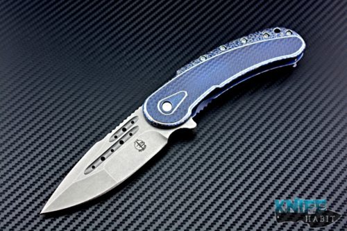 custom todd begg beggatti knife, custom one-off cracked ice all over, blue frame, xhp stainless steel blade, hand ground compound grind,