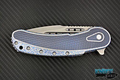 custom todd begg beggatti knife, custom one-off cracked ice all over, blue frame, xhp stainless steel blade, hand ground compound grind,