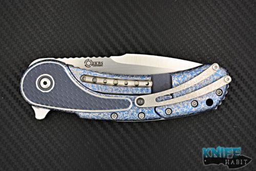 custom todd begg bodega knife, custom one-off cracked ice all over, blue frame, bohler n690 stainless steel blade, hand ground compound grind