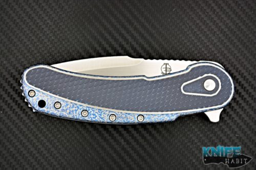 custom todd begg bodega knife, custom one-off cracked ice all over, blue frame, bohler n690 stainless steel blade, hand ground compound grind