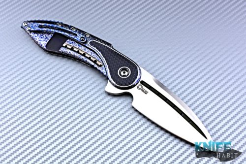 custom todd begg glimpse knife, one-off, hand customized cracked ice, blue titanium frame scallop texture, fluted bohler n690 satin blade