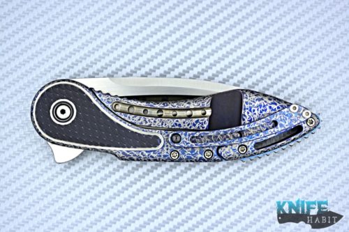 custom todd begg glimpse knife, one-off, hand customized cracked ice, blue titanium frame scallop texture, fluted bohler n690 satin blade