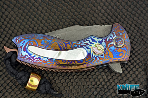 custom alistair bastian praymantis knife, mosaic damascus blade steel, white pearl inlays, shell inlays, titanium frame