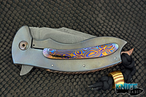 custom alistair bastian praymantis knife, mosaic damascus blade steel, white pearl inlays, shell inlays, titanium frame