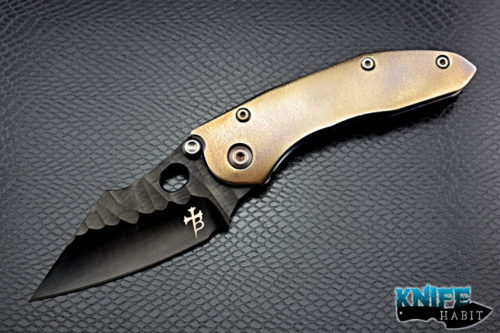 custom borka blades stitch, black dlc coated m390 blade steel, top blade beveled, purple and gold anodized titanium handle