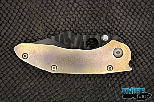 custom borka blades stitch, black dlc coated m390 blade steel, top blade beveled, purple and gold anodized titanium handle