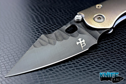 custom borka blades stitch, black dlc coated m390 blade steel, top blade beveled, purple and gold anodized titanium handle