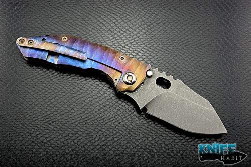 custom dalibor bergam draco knife, acid washed 3v blade steel, colorful anodized sculpted titanium handle