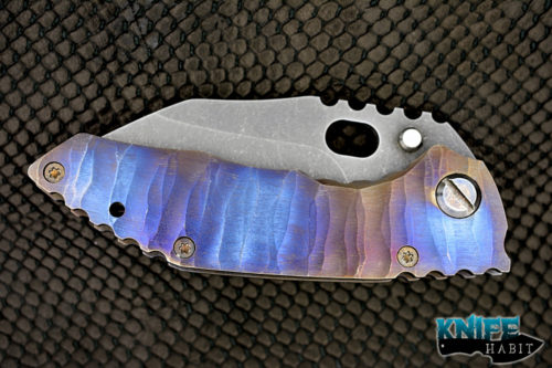 custom dalibor bergam draco knife, acid washed 3v blade steel, colorful anodized sculpted titanium handle