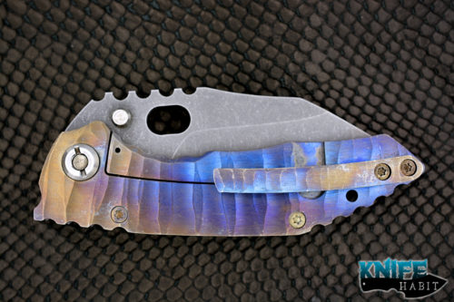 custom dalibor bergam draco knife, acid washed 3v blade steel, colorful anodized sculpted titanium handle