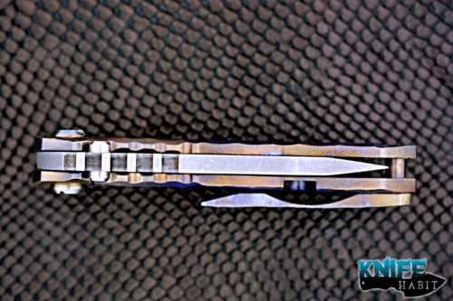 custom dalibor bergam draco knife, acid washed 3v blade steel, colorful anodized sculpted titanium handle