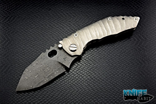 custom dalibor bergam draco knife, fireball damascus blade and clip, sculpted titanium handle