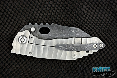 custom dalibor bergam draco knife, fireball damascus blade and clip, sculpted titanium handle