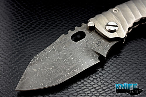 custom dalibor bergam draco knife, fireball damascus blade and clip, sculpted titanium handle