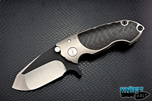 custom direware knives s90 knife, non-recurve bohler m390 blade steel, dual tone finish, titanium handle, carbon fiber inlays, blue anodized clip