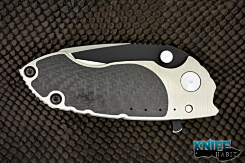 custom direware knives s90 knife, non-recurve bohler m390 blade steel, dual tone finish, titanium handle, carbon fiber inlays, blue anodized clip