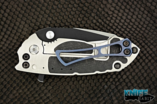 custom direware knives s90 knife, non-recurve bohler m390 blade steel, dual tone finish, titanium handle, carbon fiber inlays, blue anodized clip