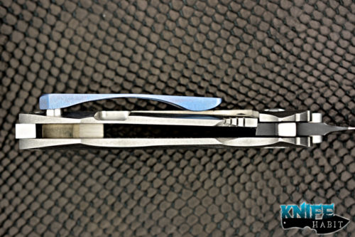 custom direware knives s90 knife, non-recurve bohler m390 blade steel, dual tone finish, titanium handle, carbon fiber inlays, blue anodized clip