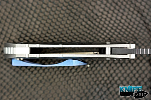 custom direware knives s90 knife, non-recurve bohler m390 blade steel, dual tone finish, titanium handle, carbon fiber inlays, blue anodized clip