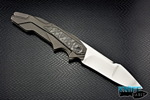 custom GTC knives plasma flipper knife, chad nichols ss damascus inlays, stonewashed titanium frame, cpm 154 blade steel