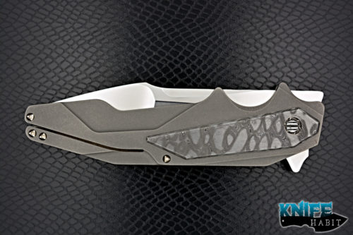 custom GTC knives plasma flipper knife, chad nichols ss damascus inlays, stonewashed titanium frame, cpm 154 blade steel