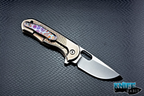 custom jeremy horton gerry mcginnis shawty 45 knife, mokuti clip, gold anodized checkered frame, chisel grind, polished tip