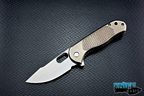 custom jeremy horton gerry mcginnis shawty 45 knife, mokuti clip, gold anodized checkered frame, chisel grind, polished tip