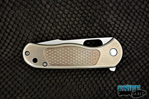 custom jeremy horton gerry mcginnis shawty 45 knife, mokuti clip, gold anodized checkered frame, chisel grind, polished tip