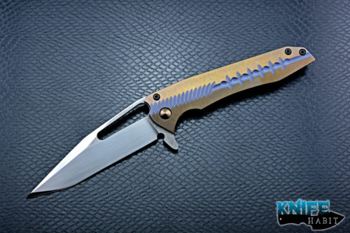 gavko knives thick mako, hand rubbed blade, blue and gold anodized titanium, aeb-l blade steel