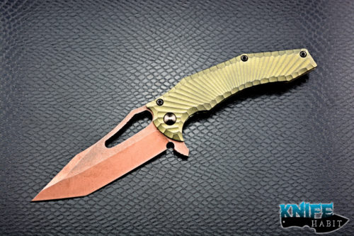 custom michal gavak gavko knives spinner, copper washed blade, anodized green milled titanium handle