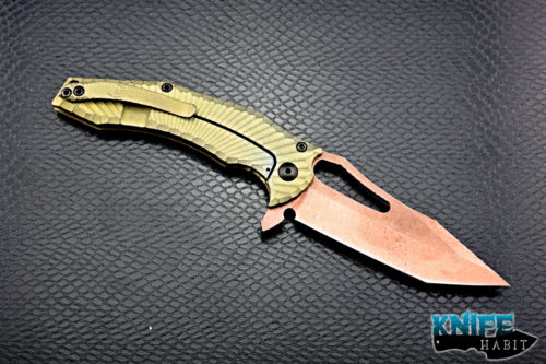 custom michal gavak gavko knives spinner, copper washed blade, anodized green milled titanium handle