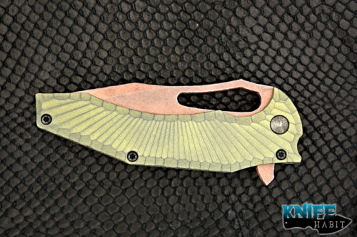 custom michal gavak gavko knives spinner, copper washed blade, anodized green milled titanium handle