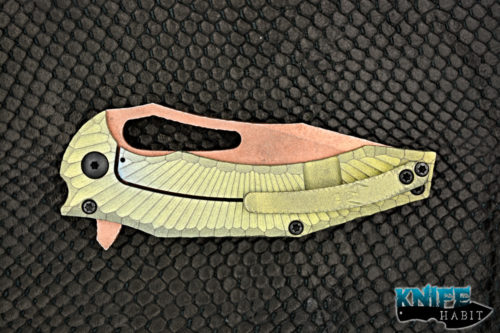 custom michal gavak gavko knives spinner, copper washed blade, anodized green milled titanium handle