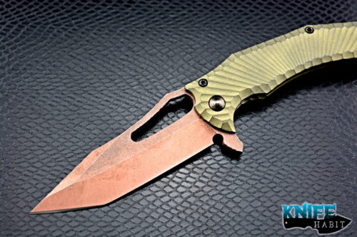 custom michal gavak gavko knives spinner, copper washed blade, anodized green milled titanium handle