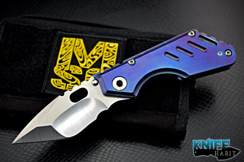 custom mick strider MSC stubby xl knife, satin nightmare grind, anodized titanium, dragon spine, carpenters stainless blade steel