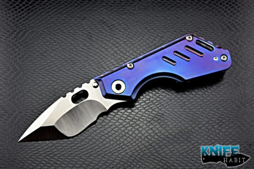 custom mick strider MSC stubby xl knife, satin nightmare grind, anodized titanium, dragon spine, carpenters stainless blade steel