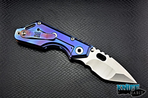 custom mick strider MSC stubby xl knife, satin nightmare grind, anodized titanium, dragon spine, carpenters stainless blade steel