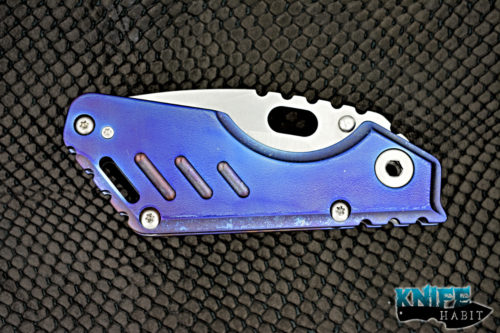 custom mick strider MSC stubby xl knife, satin nightmare grind, anodized titanium, dragon spine, carpenters stainless blade steel