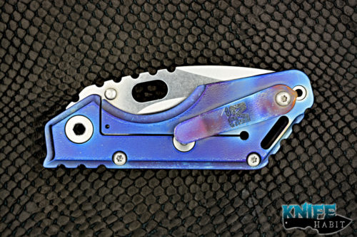 custom mick strider MSC stubby xl knife, satin nightmare grind, anodized titanium, dragon spine, carpenters stainless blade steel