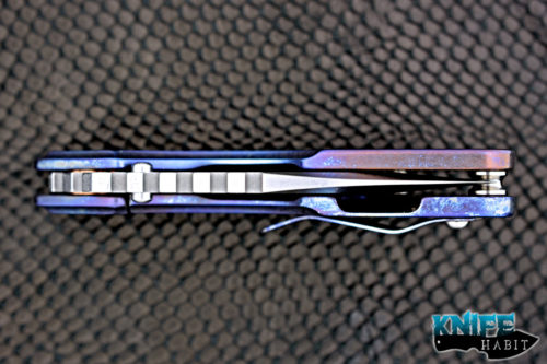 custom mick strider MSC stubby xl knife, satin nightmare grind, anodized titanium, dragon spine, carpenters stainless blade steel