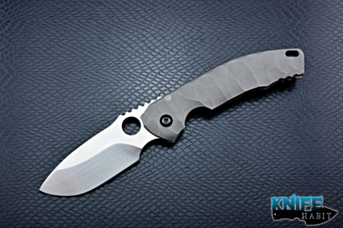 custom peter rassenti alpha integral knife, sculpted titanium bead blasted frame, hand rubbed s90v blade steel