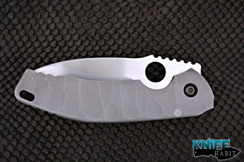 custom peter rassenti alpha integral knife, sculpted titanium bead blasted frame, hand rubbed s90v blade steel