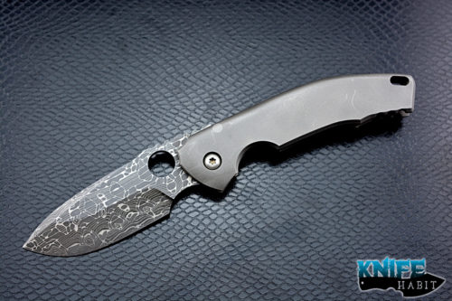 custom peter rassenti alpha knife, lizard damascus blade steel, stonewashed tumbled frame