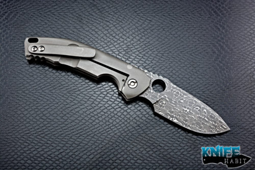 custom peter rassenti alpha knife, lizard damascus blade steel, stonewashed tumbled frame