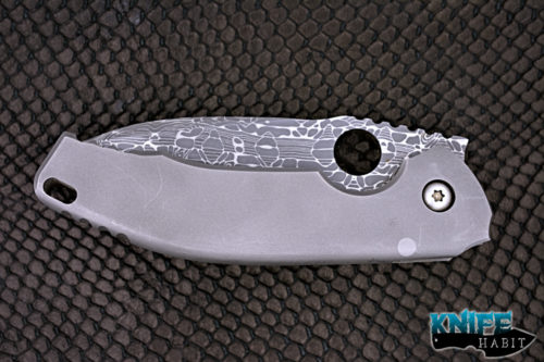 custom peter rassenti alpha knife, lizard damascus blade steel, stonewashed tumbled frame